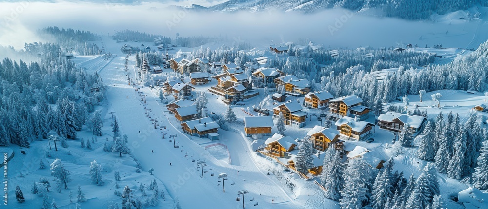 Φωτογραφία Aerial View of Picturesque Mountain Resort with Chalets and Ski Slopes