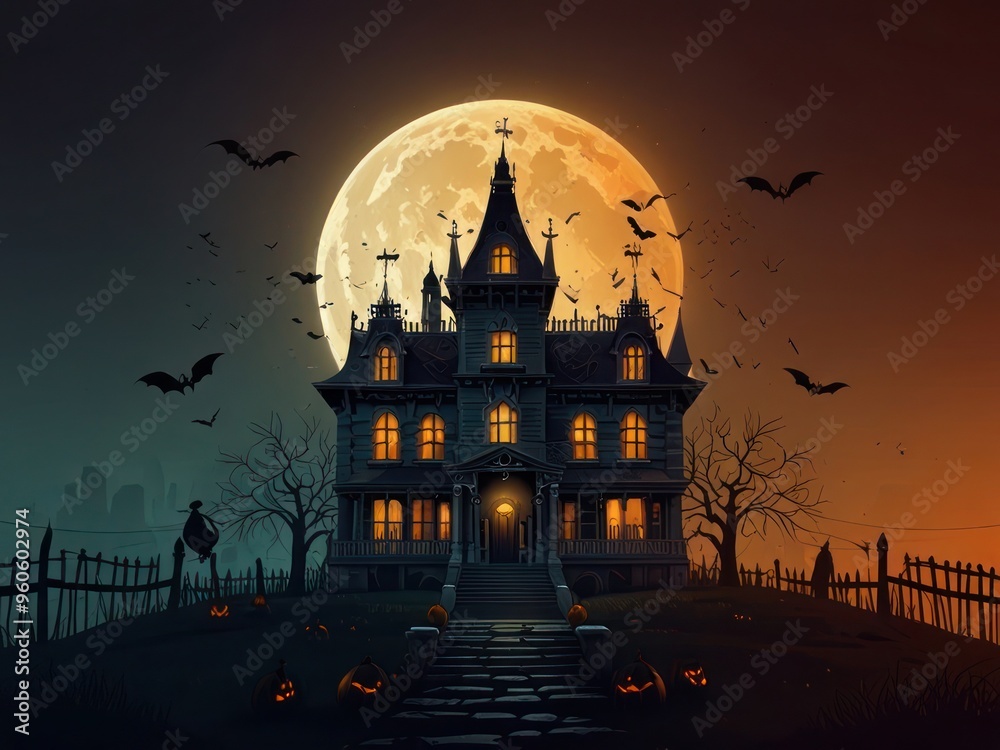 Haunted Mansion Under Full Moon With Bats on a Spooky Night Haunted Mansion Under Full Moon With Bats on a Spooky Night