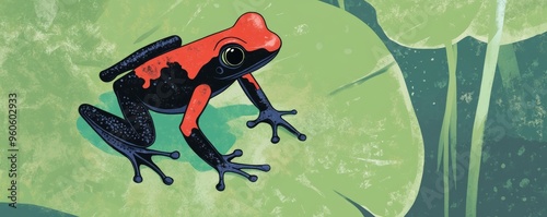 Illustration of a colorful frog on a leaf with natural background elements photo