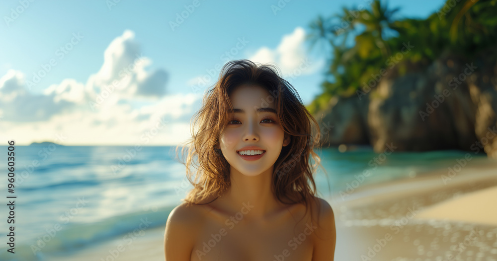 beautiful attractive asian girl model, smiling laughing on the beach beautiful attractive asian girl model, smiling laughing on the beach