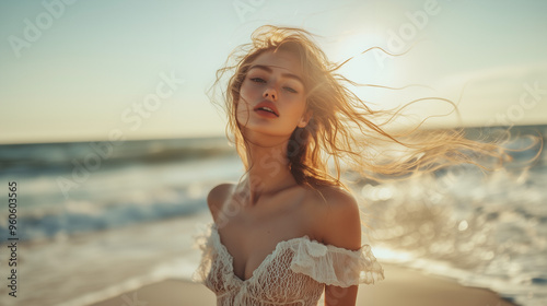 beautiful attractive girl model, smiling laughing on the beach