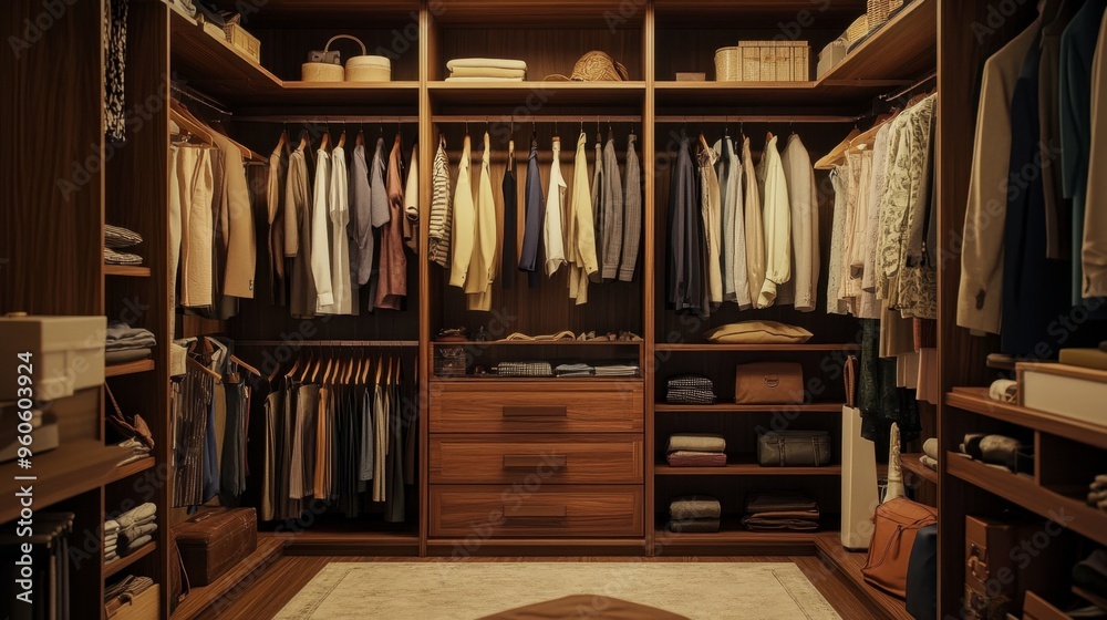 A walk-in wardrobe with a mix of open shelves and hanging space, showcasing a carefully curated selection of outfits and accessories. A walk-in wardrobe with a mix of open shelves and hanging space, showcasing a carefully curated selection of outfits and accessories.