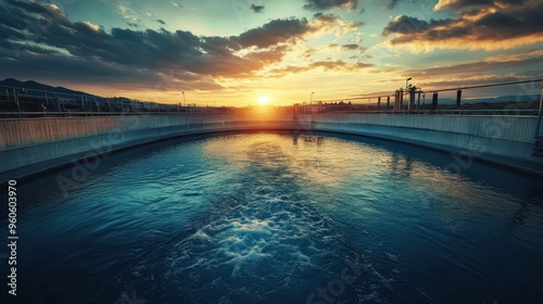 A stunning sunset casts vibrant colors over a renewable energy facility, its reflective waters highlighting the beauty of sustainable technology in harmony with nature