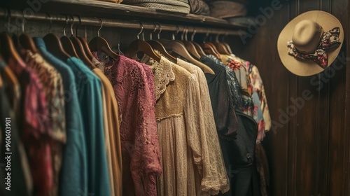 A wardrobe featuring a collection of vintage clothing, with hangers holding dresses, coats, and hats from different eras.