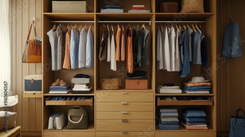 A wardrobe with a collection of travel-ready outfits, with clothes neatly folded and shoes and bags organized for easy packing.