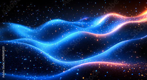 A blue and orange wave of light with many small dots. The image is of a space scene