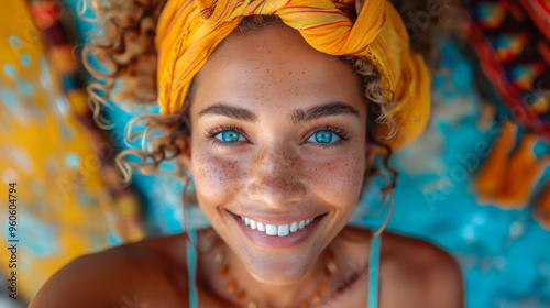 Joyful woman with vibrant hairstyle and jewelry in colorful indoor setting