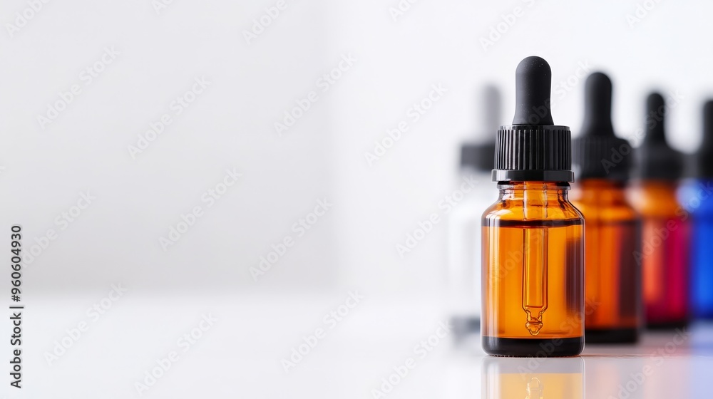 A row of amber dropper bottles for essential oils or medicines on a white background, perfect for healthcare or wellness themes. A row of amber dropper bottles for essential oils or medicines on a white background, perfect for healthcare or wellness themes.