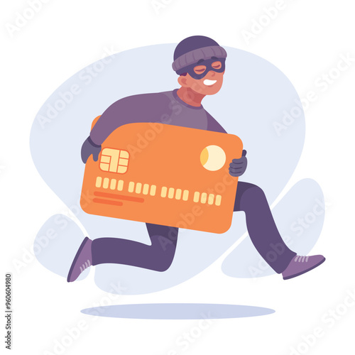 Man Criminal Escape with Plastic Card Commit Crime and Theft Vector Illustration