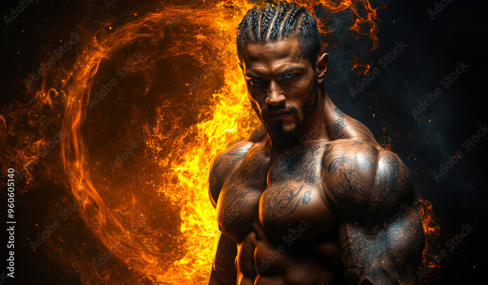 A man with tattoos on his arms stands in front of a fiery circle. Concept of strength and power, as the man's muscular physique is emphasized by the contrast between his body and the fiery background A man with tattoos on his arms stands in front of a fiery circle. Concept of strength and power, as the man's muscular physique is emphasized by the contrast between his body and the fiery background