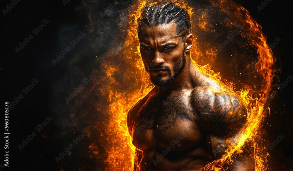 A man with a muscular body is standing in front of a fire. The fire is orange and yellow, and it is surrounding the man. The man looks strong and confident, as if he is ready to take on any challenge A man with a muscular body is standing in front of a fire. The fire is orange and yellow, and it is surrounding the man. The man looks strong and confident, as if he is ready to take on any challenge