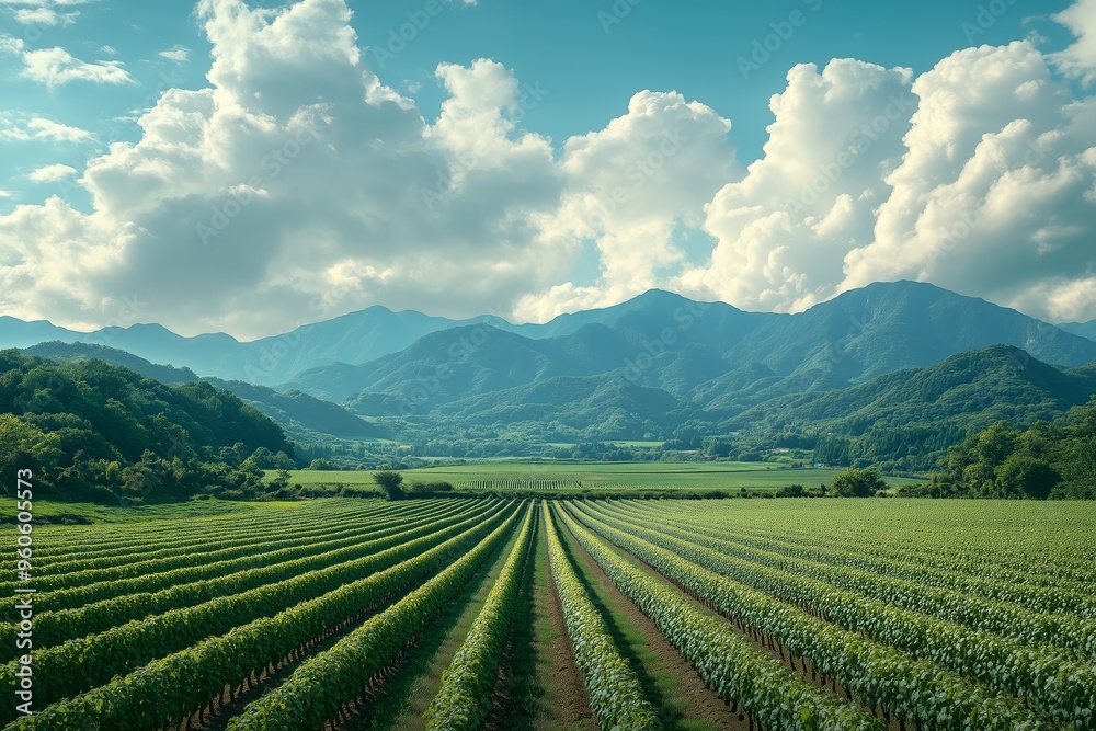 Expansive vineyard fields with symmetrical rows, set against a backdrop of majestic mountains and a dynamic sky. Expansive vineyard fields with symmetrical rows, set against a backdrop of majestic mountains and a dynamic sky.
