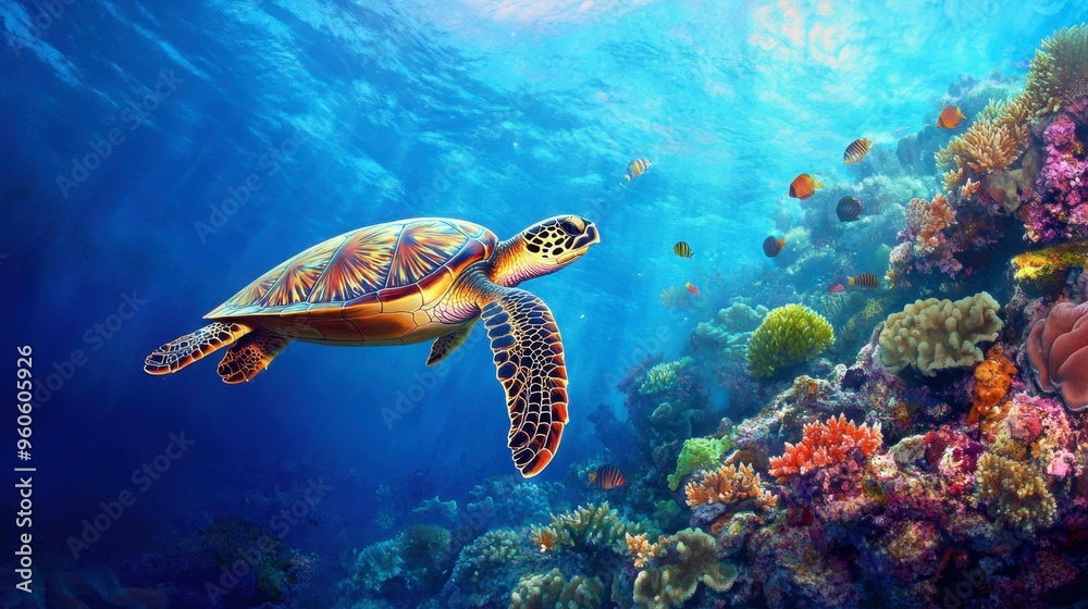 A wide shot of a sea turtle swimming above a coral reef, with vibrant marine life and clear blue water creating a vivid scene. A wide shot of a sea turtle swimming above a coral reef, with vibrant marine life and clear blue water creating a vivid scene.