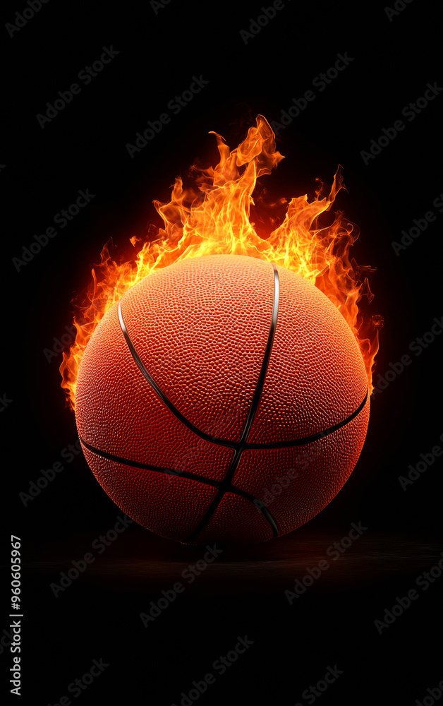 Fototapeta premium A basketball with a flame on it. The ball is red and the flame is orange. The image has a dark background