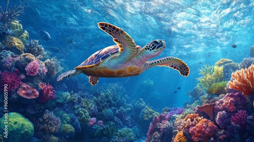 A wide shot of a sea turtle swimming above a coral reef, with vibrant marine life and clear blue water creating a vivid scene.