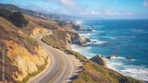 A winding coastal road, with the ocean on one side and rocky cliffs on the other, under a bright, sunny sky. photo