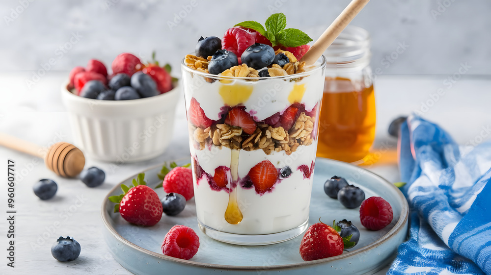 A bowl of Greek yogurt parfait with layers of granola, fresh berries, and a drizzle of honey, served in a tall glass. A bowl of Greek yogurt parfait with layers of granola, fresh berries, and a drizzle of honey, served in a tall glass.