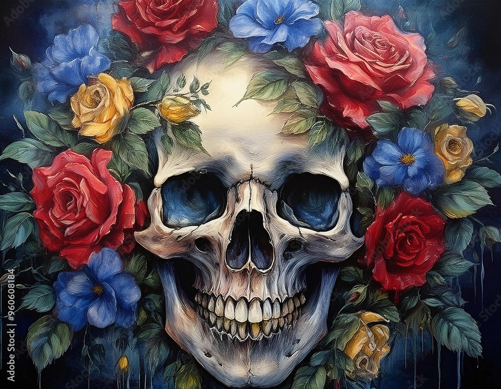 custom made wallpaper toronto digitalA detailed skull surrounded by vibrant roses in a colorful and artistic composition showcasing the interplay of life and death