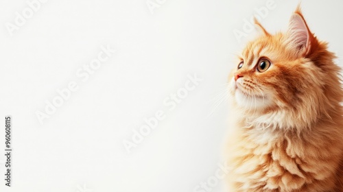 Adorable ginger cat looking attentively to the side against a white background. Perfect for pet lovers and animal-themed designs. photo