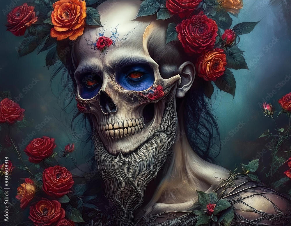 A detailed skull surrounded by vibrant roses in a colorful and artistic composition showcasing the interplay of life and death A detailed skull surrounded by vibrant roses in a colorful and artistic composition showcasing the interplay of life and death
