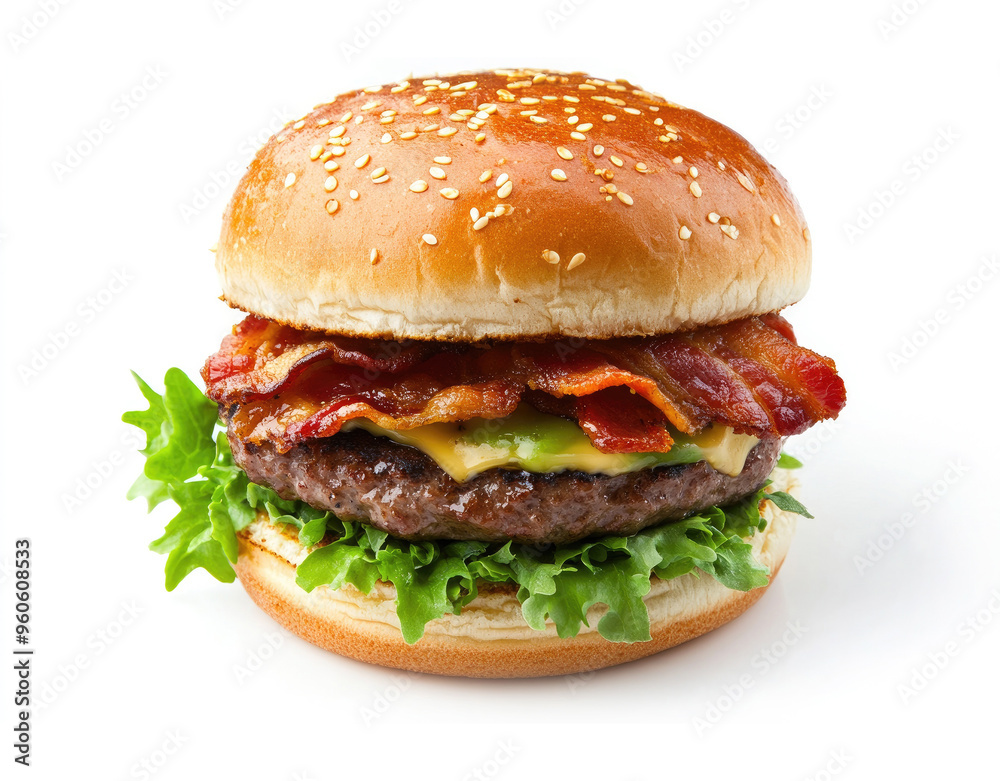 Delicious Hamburger with Bacon and Avocado Isolated on a Transparent Background Delicious Hamburger with Bacon and Avocado Isolated on a Transparent Background