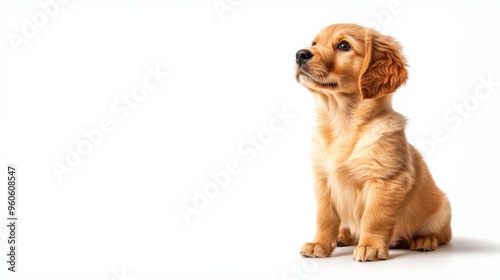 Adorable golden retriever puppy sitting on a white background, looking up with a curious expression. Perfect for pet and animal-themed content. photo