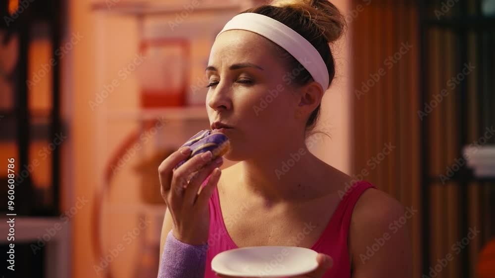 Woman in sportswear eating delicious donut after home training, cheat meal day
