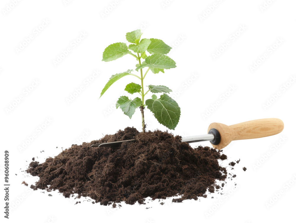 A young green plant emerging from rich soil, symbolizing growth and sustainability, with a gardening tool nearby. A young green plant emerging from rich soil, symbolizing growth and sustainability, with a gardening tool nearby.