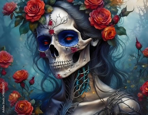 A detailed skull surrounded by vibrant roses in a colorful and artistic composition showcasing the interplay of life and death