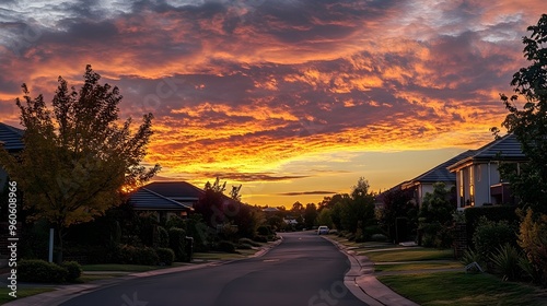 A sleepy neighborhood waking up to the sunrise, Monday morning, peaceful and serene photo