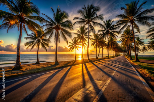 A road with palm trees on either side and a sunset in the background