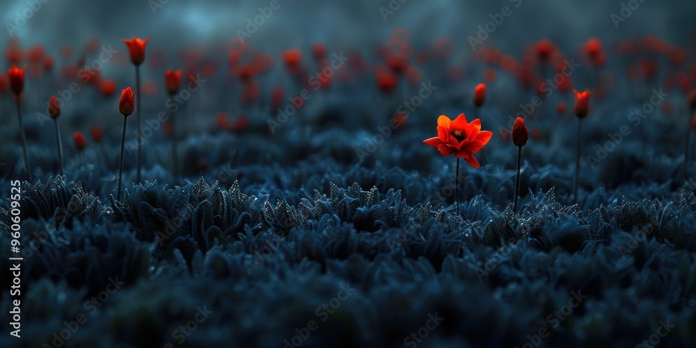 Obraz premium Vibrant red flowers blooming in a dark moody field during twilight hours