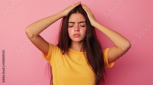 Woman with headache holding her head in pain 