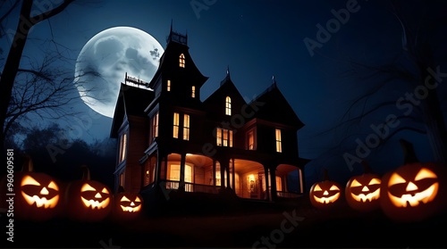 halloween haunt spooky eerie halloween night scene full moon bats flying old haunted house glowing foreground