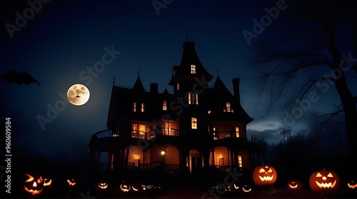 halloween haunt spooky eerie halloween night scene full moon bats flying old haunted house glowing foreground