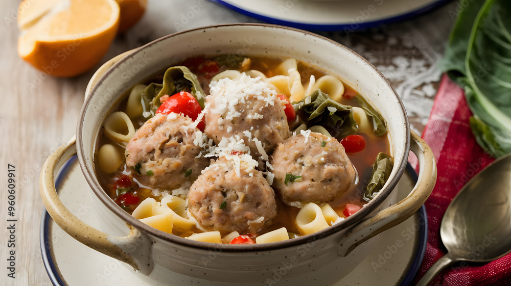 A serving of Italian wedding soup with meatballs, escarole, and acini di pepe pasta, topped with grated Parmesan cheese and served in a ceramic bowl. A serving of Italian wedding soup with meatballs, escarole, and acini di pepe pasta, topped with grated Parmesan cheese and served in a ceramic bowl.