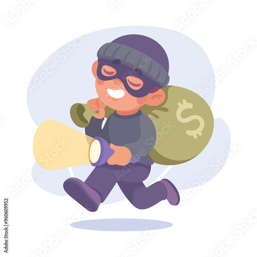 Man Criminal Escape with Sack of Money Commit Crime and Theft Vector Illustration