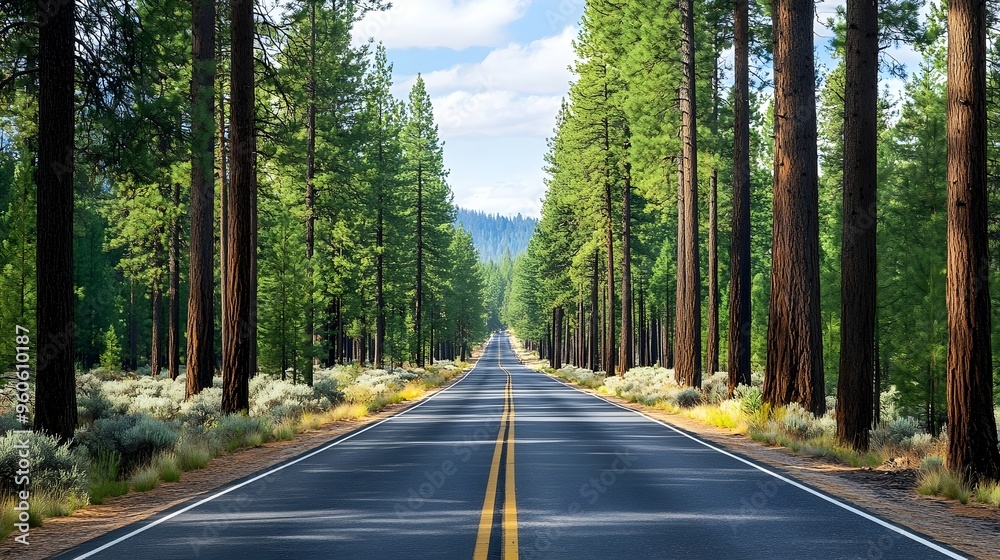 Fototapeta premium Empty road lined with towering pine trees, peaceful and isolated