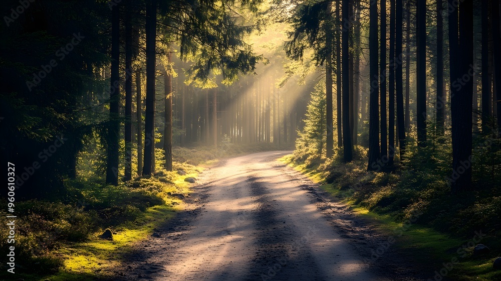 Naklejka premium Sunlight filtering through pine trees onto a quiet forest road, tranquil and scenic