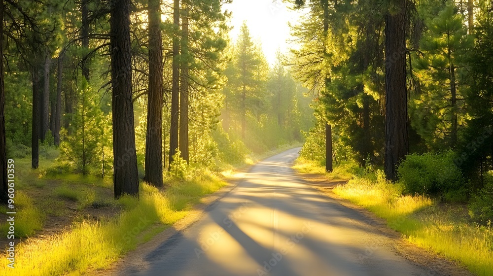 Fototapeta premium Sunlight filtering through pine trees onto a quiet forest road, tranquil and scenic