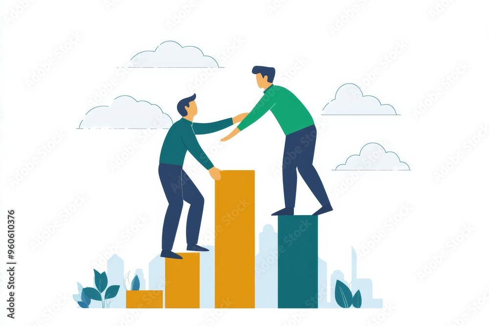 Teamwork and collaboration concept with people helping each other climb a graph Teamwork and collaboration concept with people helping each other climb a graph