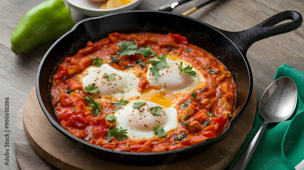 A serving of shakshuka with poached eggs in a spicy tomato and pepper sauce, garnished with parsley and served in a cast iron skillet. A serving of shakshuka with poached eggs in a spicy tomato and pepper sauce, garnished with parsley and served in a cast iron skillet.