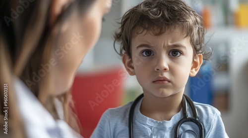 Pediatrician examining a child with health problems, serious look, clinical background