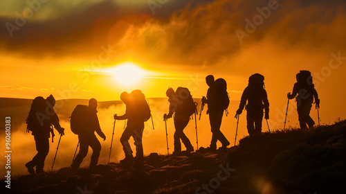 Silhouette of Hiking Team Climbing Mountain at Sunset, Adventure and Freedom in Nature, Group of Friends Trekking, walking to Peak, Outdoor Travel Active Lifestyle, Exploring Landscape with Backpacks