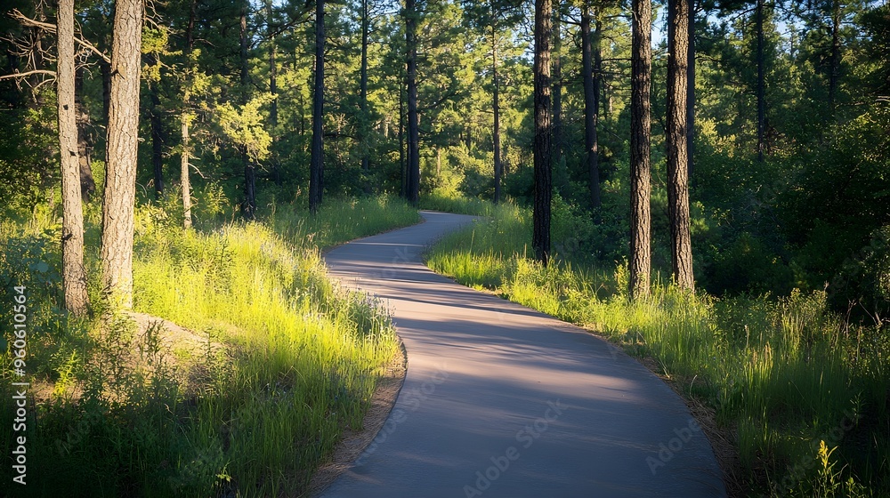 Obraz premium Bicycle path winding through a pine forest, inviting and serene