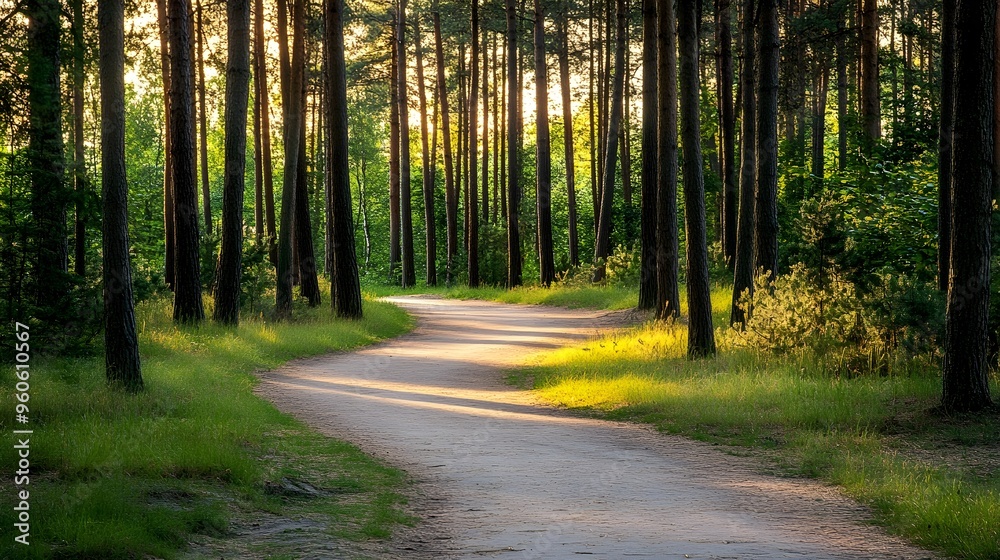 Obraz premium Bicycle path winding through a pine forest, inviting and serene
