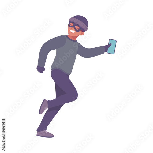 Man Criminal Escape with Smartphone Commit Crime and Theft Vector Illustration