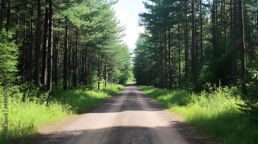 Fototapeta premium Gravel road in pine forest, rustic and rural charm