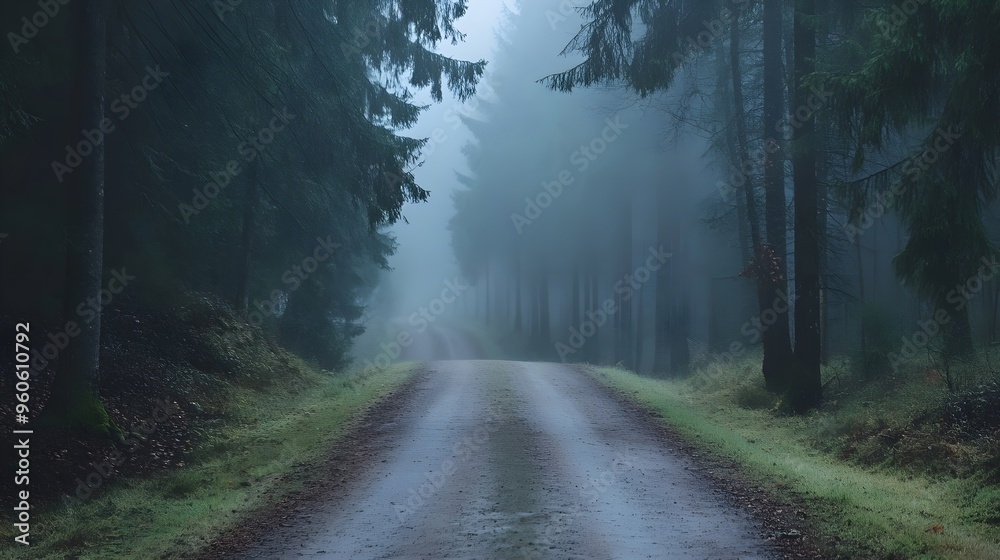 Fototapeta premium Foggy forest road surrounded by pine trees, eerie and atmospheric