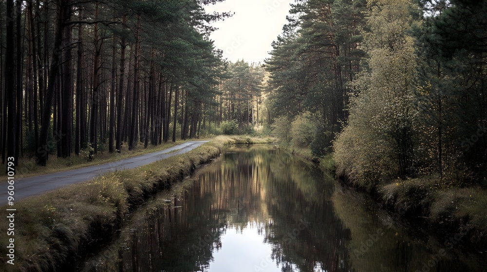 Obraz premium Road alongside a pine forest river, reflection of trees in the water